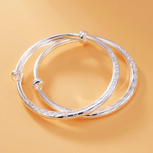 银复古推拉款手镯宝宝小孩纯个性花纹婴儿s990足儿童