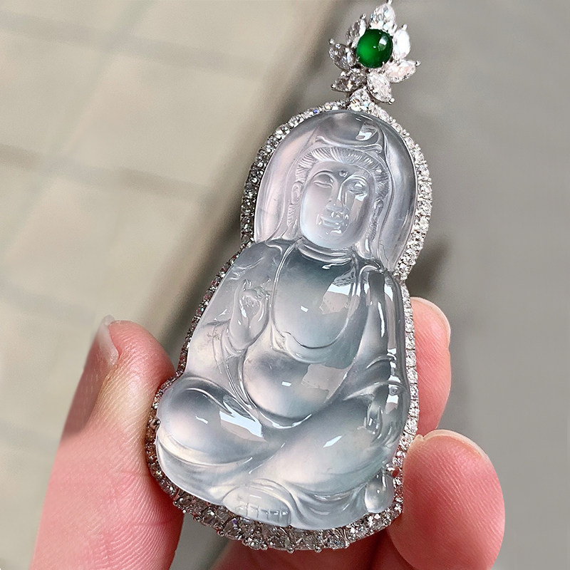 七小匠天然缅甸老坑a货翡翠玻璃种自在观音翡翠18k金镶嵌吊坠女士