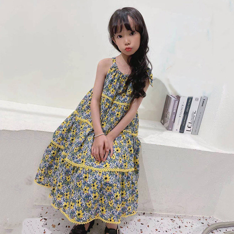 韩国童装女童连衣裙2021夏季小女孩波西米亚碎花吊带裙儿童背心裙
