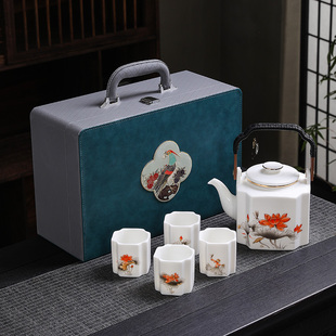 羊脂玉德化白瓷大容量提梁壶茶具套装现代简约高档四方茶壶礼盒装