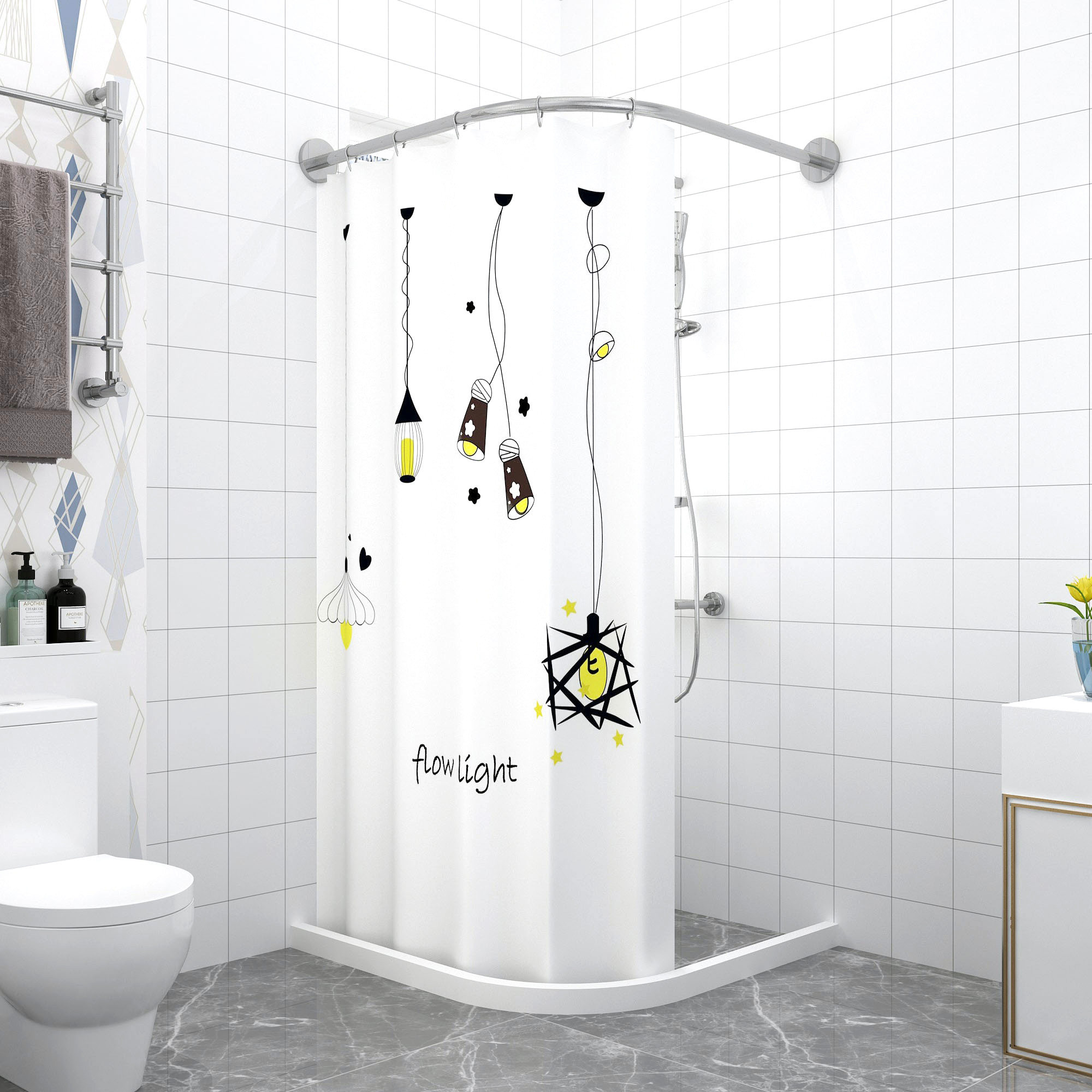 浴帘套装免打孔浴室弧形杆淋浴卫生间u型洗澡防水布l形隔断挂帘子