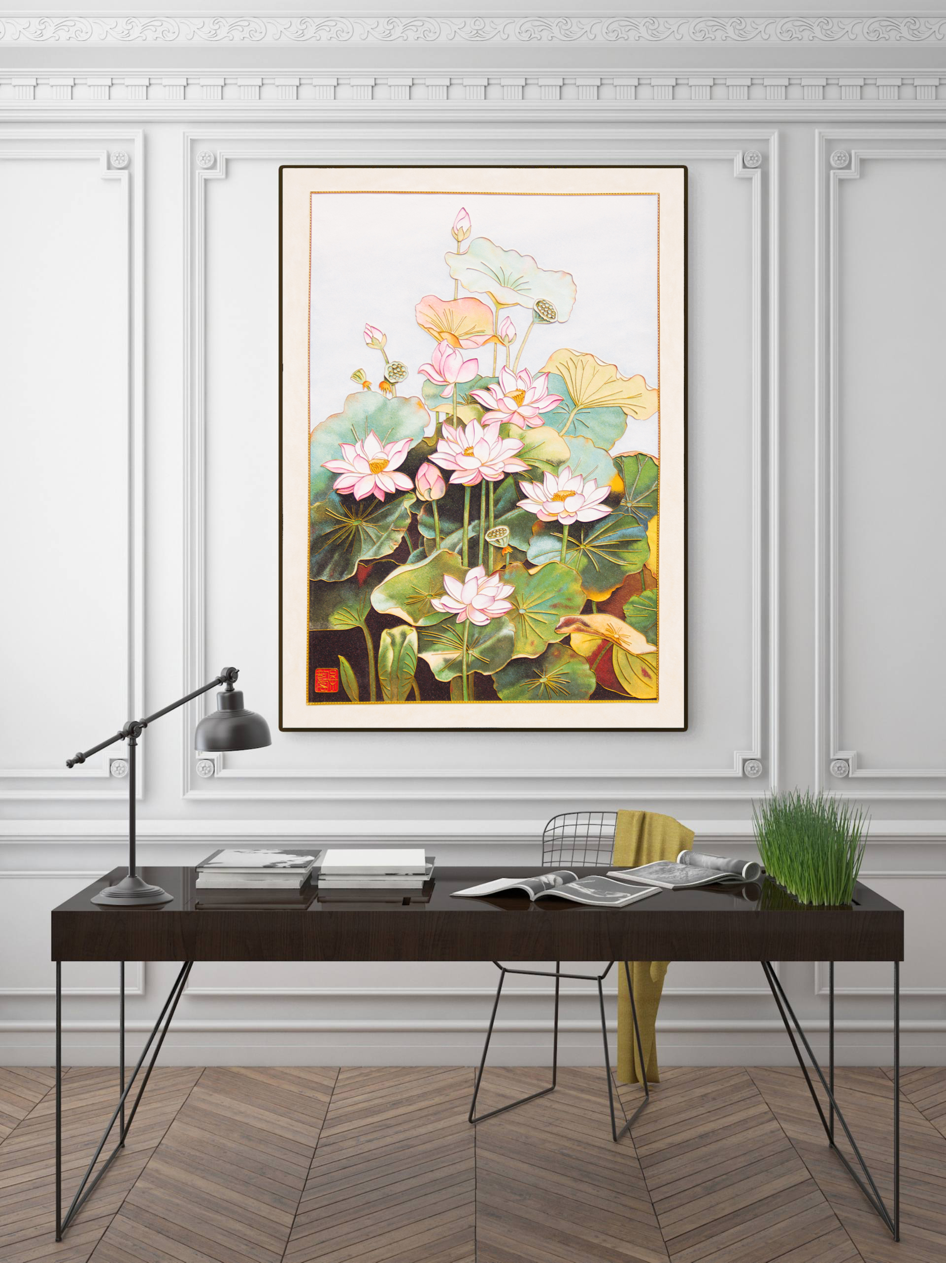 荷花 景泰蓝掐丝珐琅画定制 非遗 可收藏 大红唇健康小屋圣诞纸
