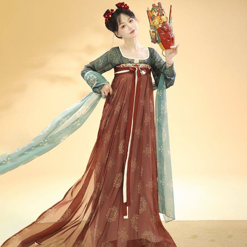 简原创汉服女唐制坦领齐胸襦裙复原款印花飘逸三件套春夏款