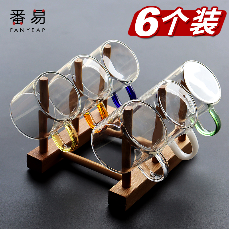 V玻璃小茶杯带把耐热透明功夫茶具套装家用6只装加厚品茗主人杯子