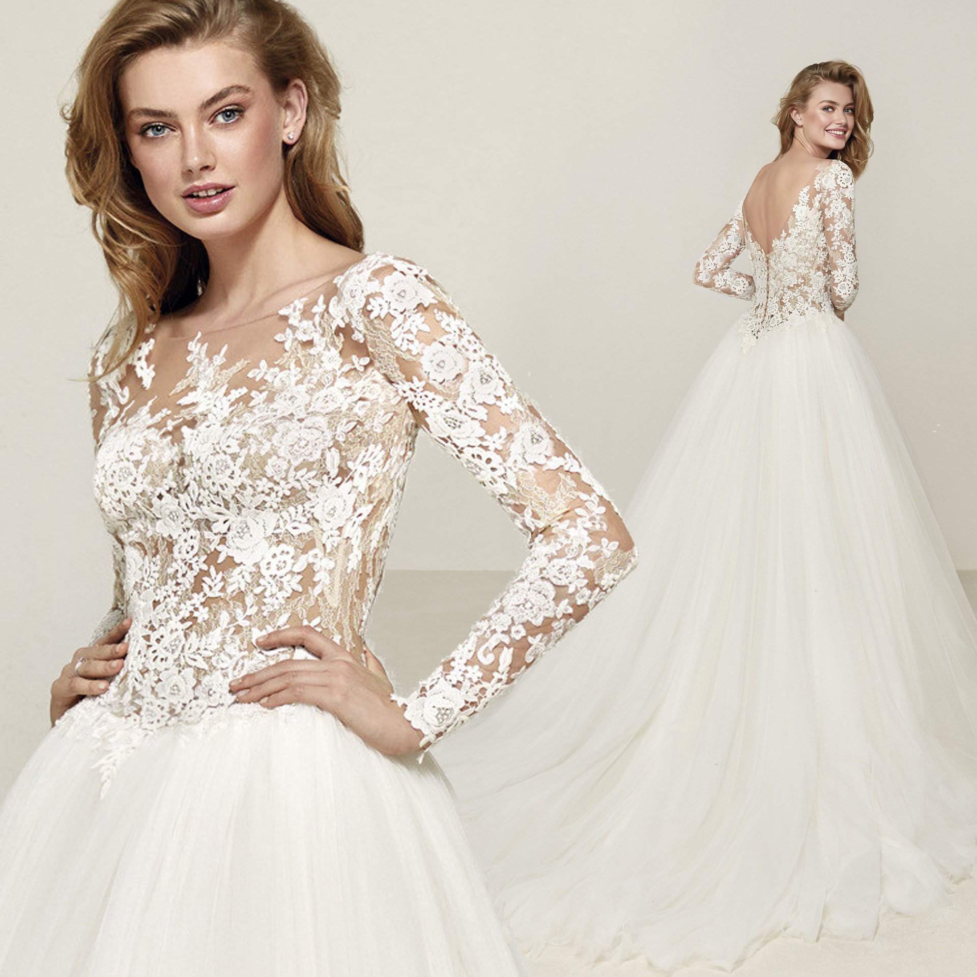 女气质旅拍长袖蕾丝婚纱2020新款白色显瘦圆领绑带外贸宫廷小拖尾