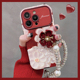 高级感新年红色花朵适用iphone14pro苹果15手机壳新款13promax皮质女12全包防摔11小众网红爆款手链硅胶软套
