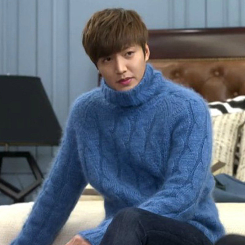 继承者们李敏镐同款金叹明星韩版宽松麻花蓝色高领毛衣保暖毛线衣