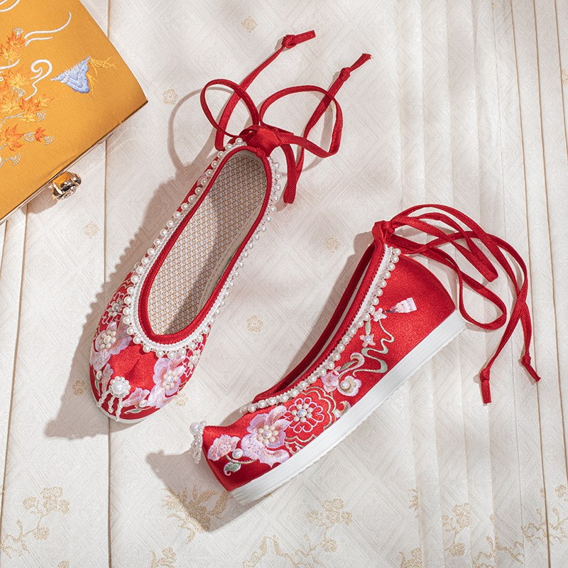 原创汉服鞋子女春季新款古风翘头内增高百搭珍珠流苏古代绣花单鞋