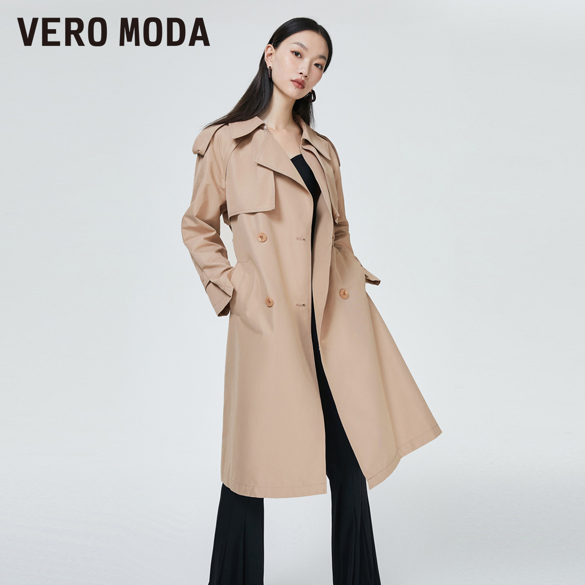 Vero Moda奥莱外套春秋清仓休闲气质宽松中长款双排扣复古风衣女