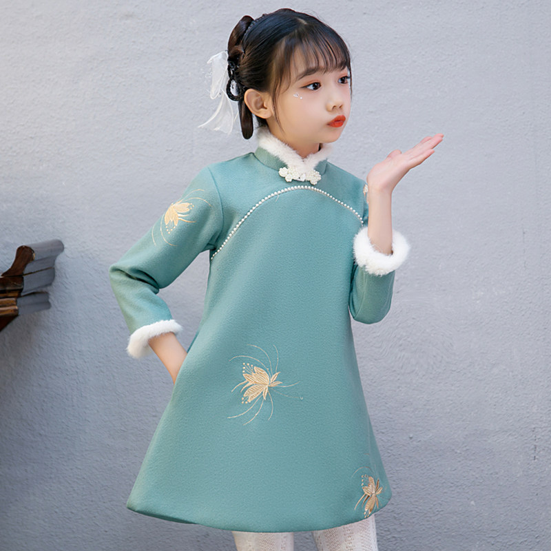 国潮儿童旗袍加绒冬季小女孩民国风改良舞蹈服女童装连衣裙春冬款