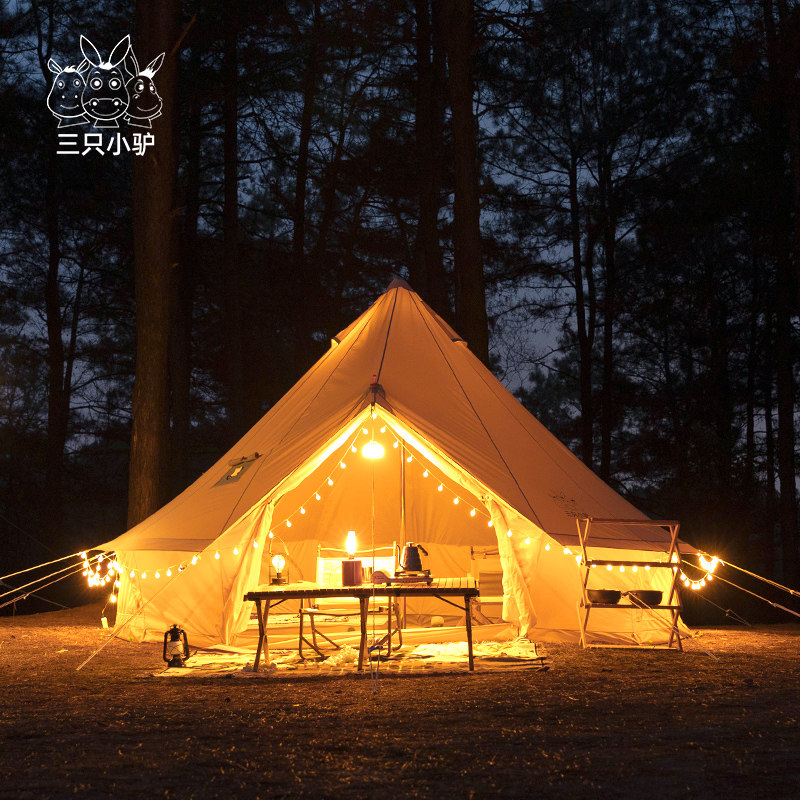 三只小驴蒙古包印第安户外防暴雨露营加厚棉布金字塔大型野营帐篷-mc