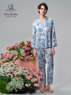 soie jardin3#蓝牡丹蓝色印花真丝女睡衣套装两件套桑蚕丝家居服