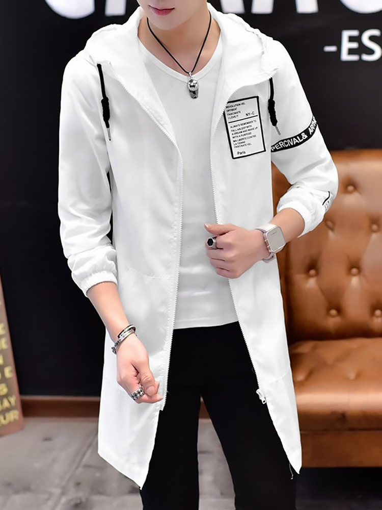 2019流行白色外套男夏季薄款休闲百搭风衣男士中长款连帽防晒衣服