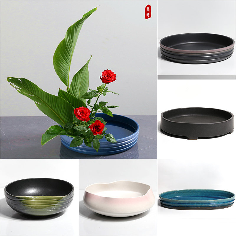 日本进口陶瓷花盆插花花器生花盛花写景水盘禅意日式花道插花器皿