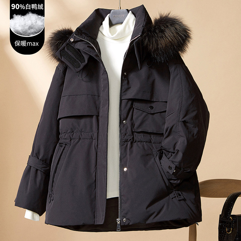 2021冬新款中性风休闲可拆卸貉子毛领90白鸭绒保暖羽绒服女