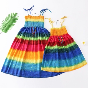 彩虹裙女童儿童吊带裙2024夏季新款母女装沙滩裙棉绸中大童连衣裙