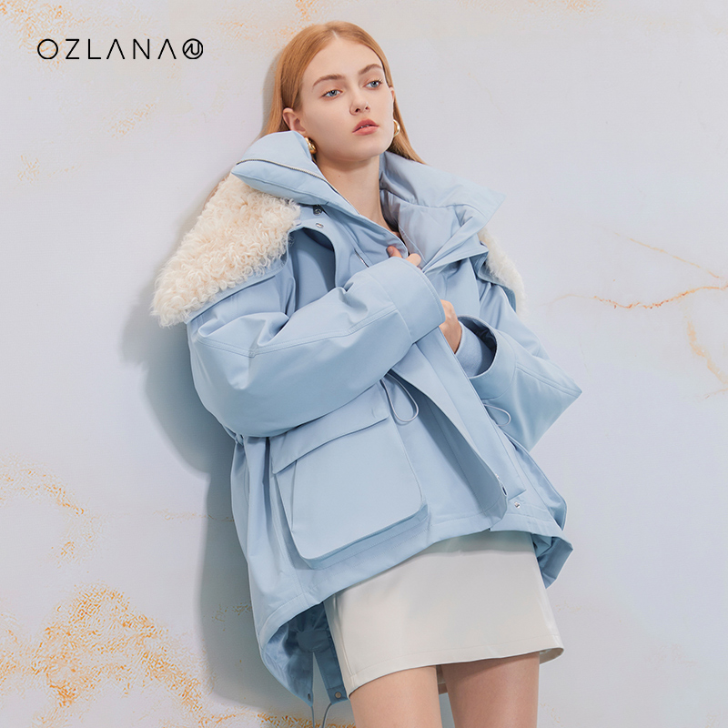 OZLANA羽绒服女大翻领可拆卸毛领时尚面包服2023年秋冬新款外套