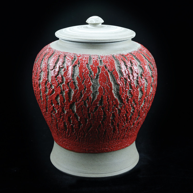 当阳峪绞胎瓷红色树皮纹罐款客厅插花仿古中式家居装饰品瓷器瓶子