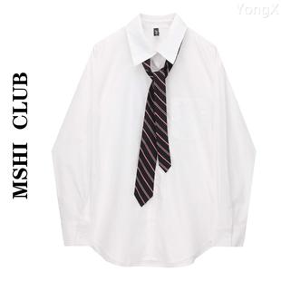 MSHI CLUB2023年秋季学院风叠穿衬衫女减龄条纹领带白色衬衣上衣