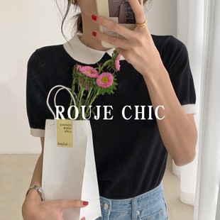 法国Rouje Chic夏季洋气拼色娃娃领单排扣设计感短袖针织衫女t恤