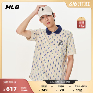 MLB官方 男款老花满印刺绣logo运动T恤复古短袖潮23夏季PQM01