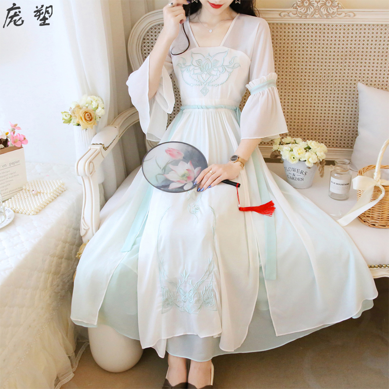 夏季改良版日常可穿古装女仙女薄纱汉服国风汉元素女装束腰连衣裙