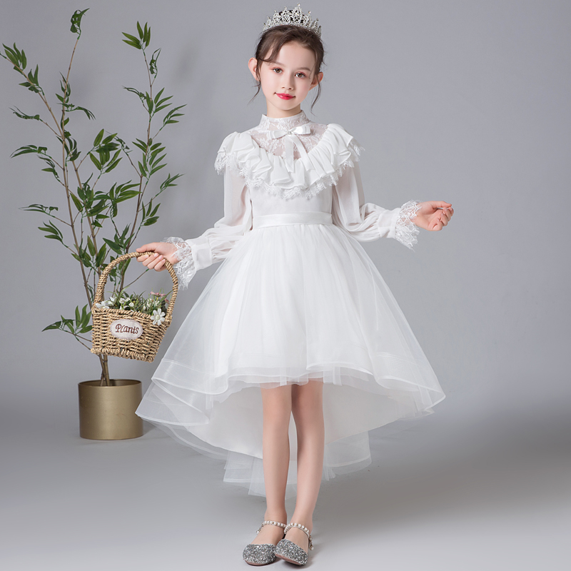女童连衣裙夏季公主裙蓬蓬纱周岁儿童裙子白色花童礼服女长袖洋气