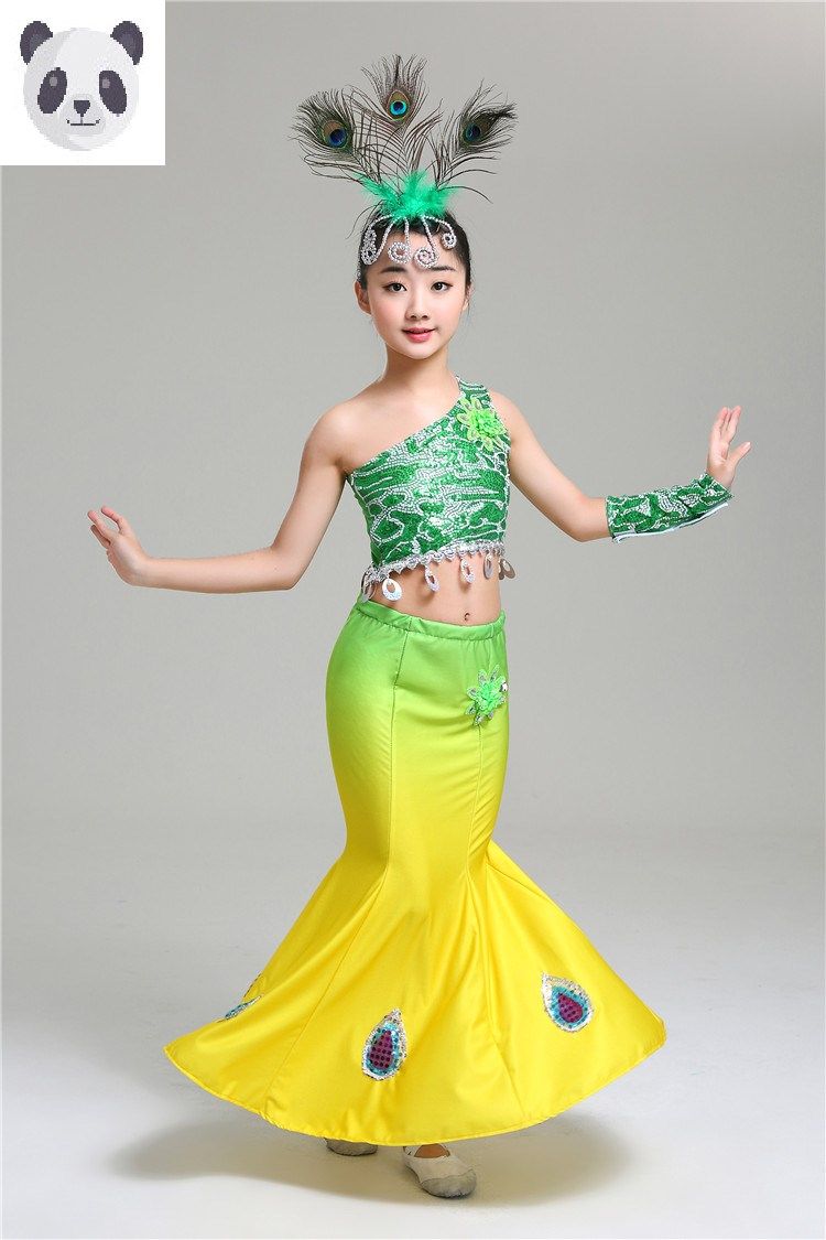 新款傣族儿童服装女童孔雀舞蹈服弹力渐变包臀鱼尾裙少儿民族表演