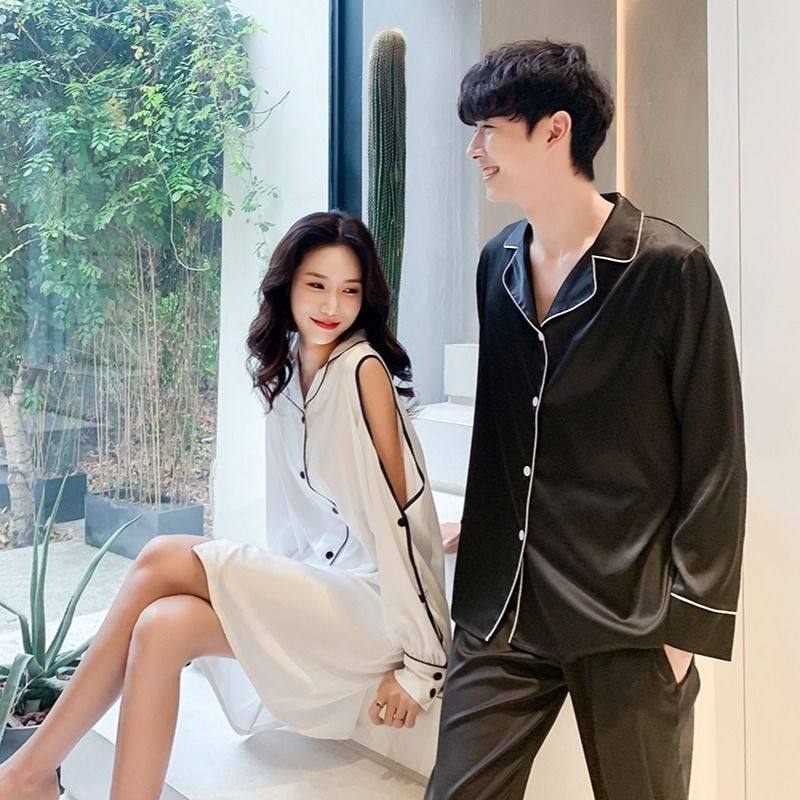 春夏冰丝情侣睡衣两件套装韩版开衫长袖仿真丝性感睡裙明星同款女