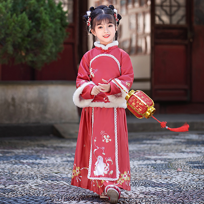 儿童汉服女童过年拜年喜庆衣服唐装加绒加厚中国风小女孩古装冬装