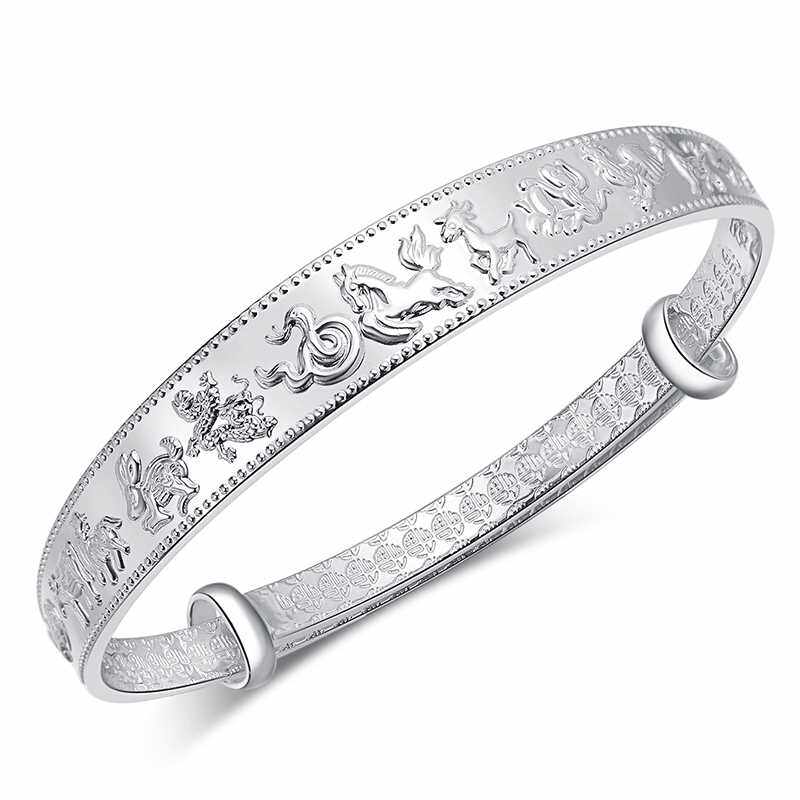 新品12十二生肖银手镯女送妈妈奶奶礼物中老年人银饰实心纯银镯子