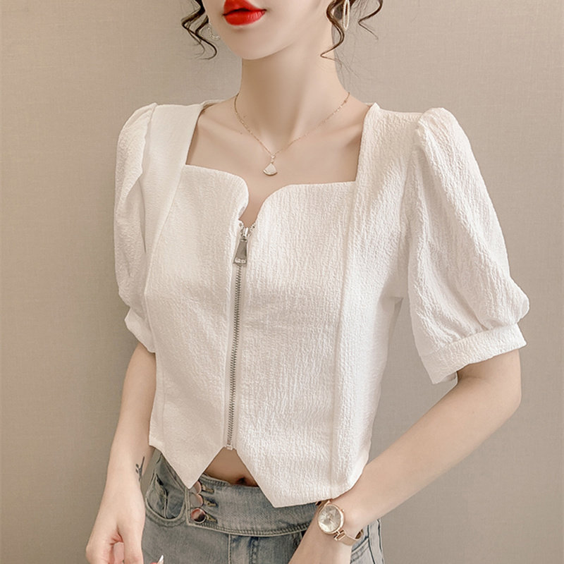 短袖雪纺短款上衣女夏