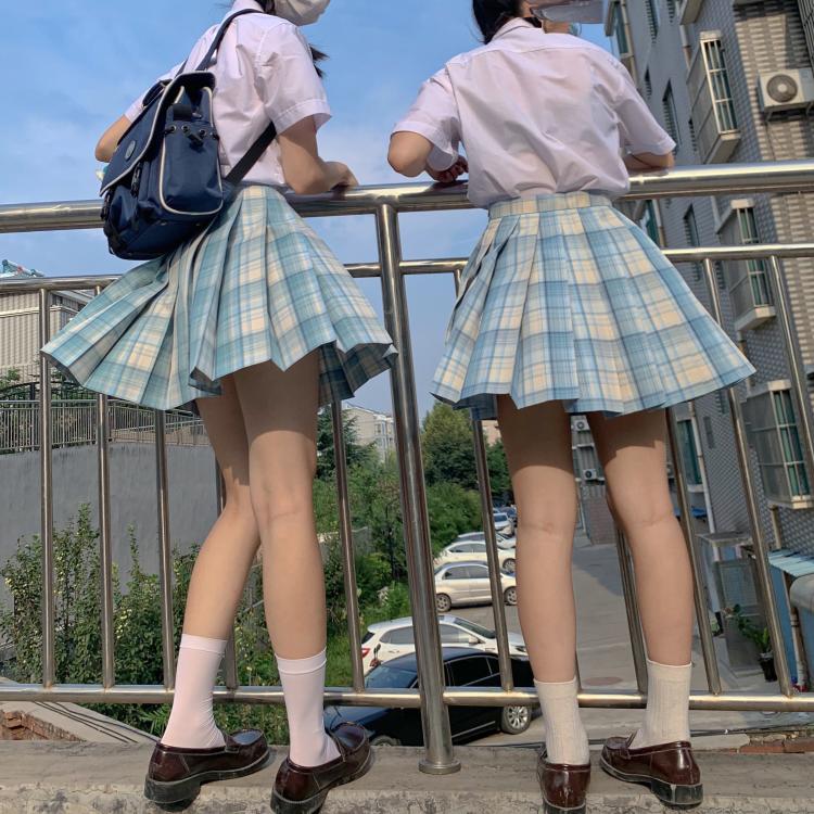 春日部【春风知意】现货原创蓝色格裙jk制服裙正统百褶少女双子