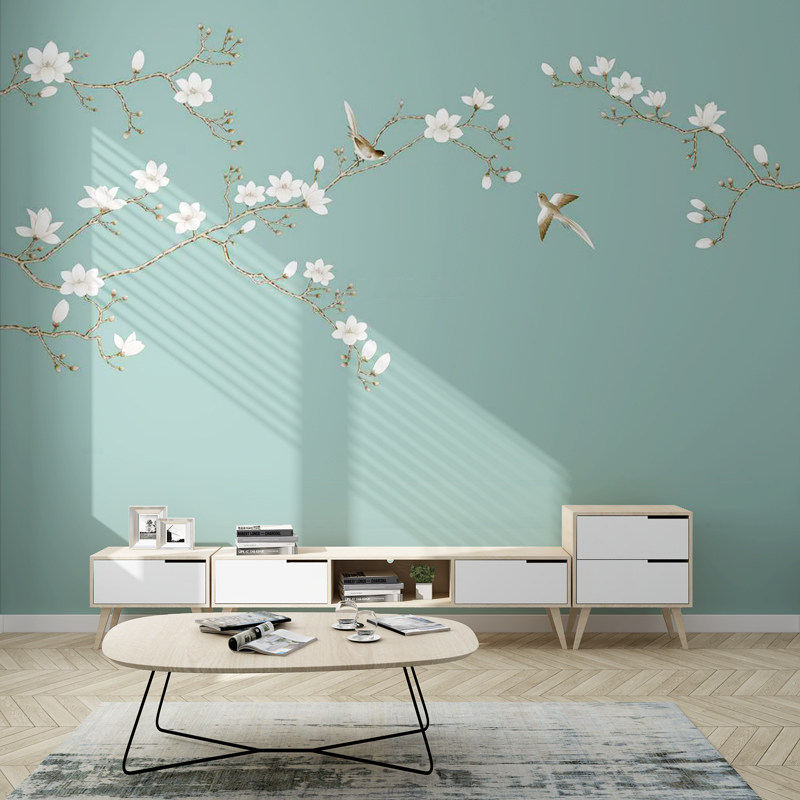 电视背景墙壁纸现代中式客厅卧室影视墙手绘花鸟墙纸定制壁画墙布