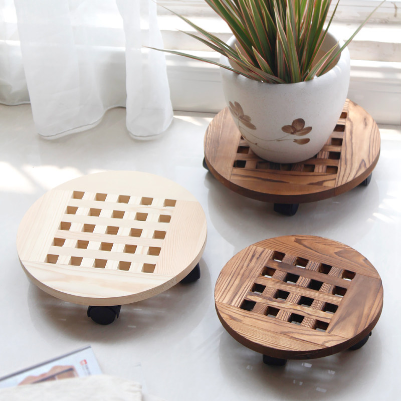 花盆托盘圆形底座滚轮移动带轮实木质花架加厚花拖万向轮托架底盘