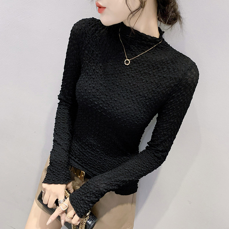 半高领打底衫女秋冬黑色蕾丝网纱t恤女长袖紧身内搭上衣气质小衫