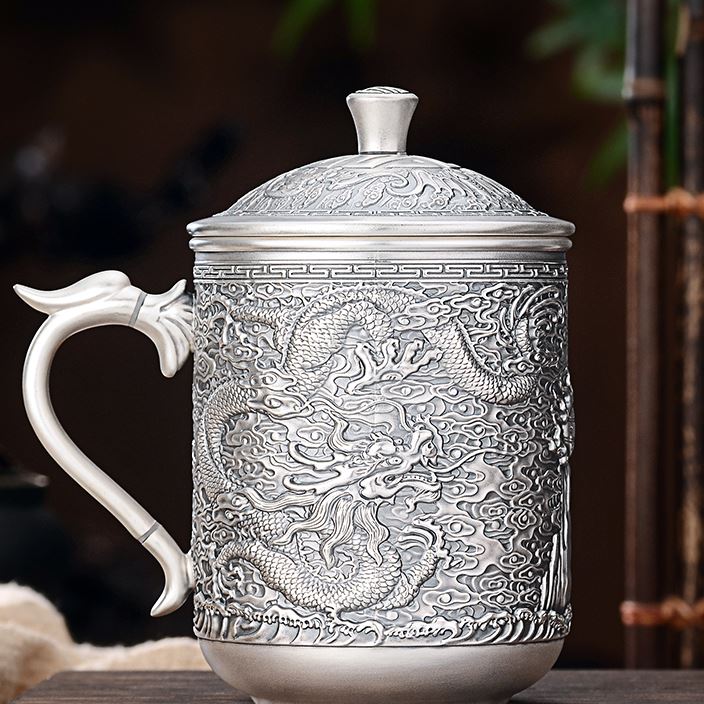 泰光银楼足银999银杯子龙把男士马克杯办公银口杯盖杯隔热银茶具