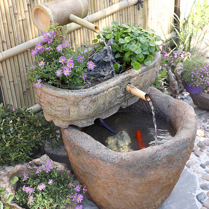 庭院流水景观中式假山喷泉摆件阳台花园造景院内鱼池石槽鱼缸装饰