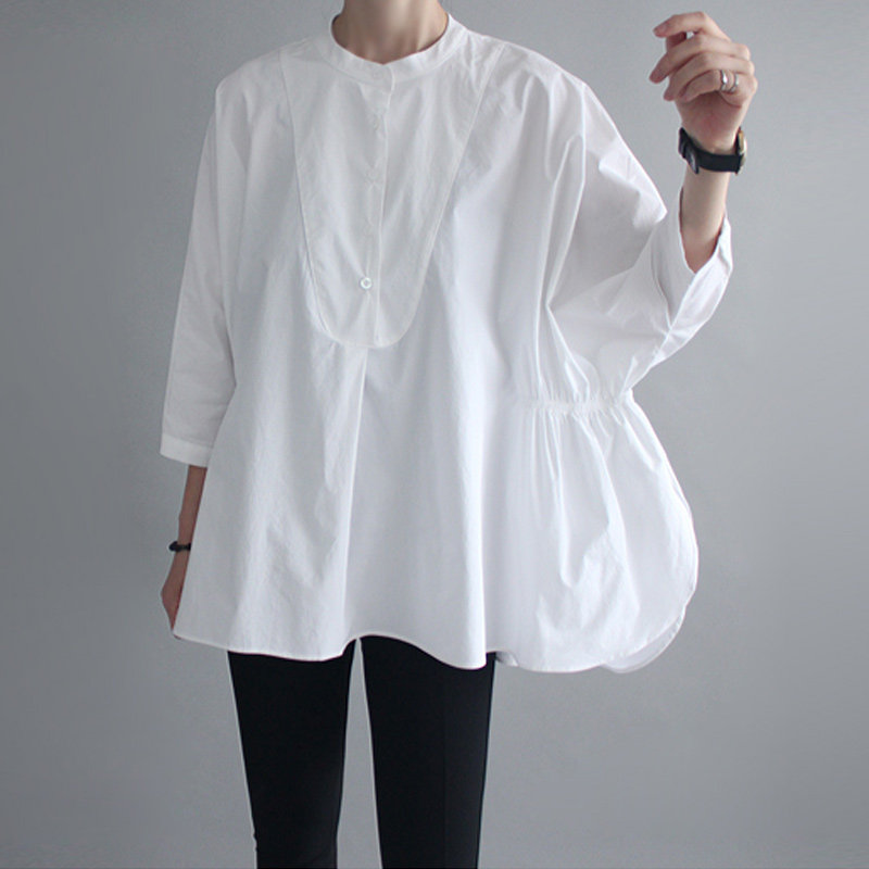 夏季新款设计感无领衬衫七分袖蝙蝠型宽松大码女装时尚纯白色衬衣