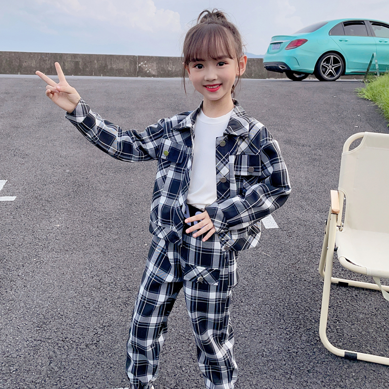 亲子装2021秋装新款女童洋气时尚格子套装母女装网红韩版两件套潮
