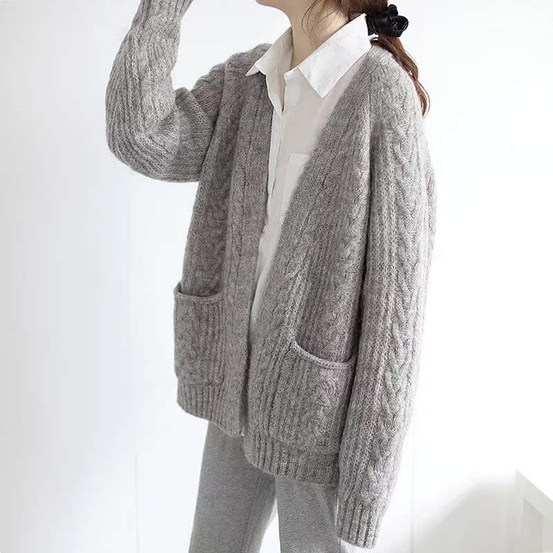 潮牌麻花粗线毛衣外套女2022秋冬新款宽松外穿羊绒针织开衫中长款