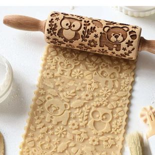 雕刻印花曲奇饼干擀面杖 圣诞新款花纹擀面棍压花翻糖烘焙工具