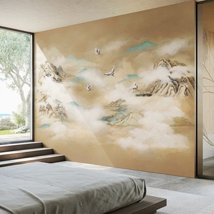 新中式大气电视背景墙办公室壁纸中国画山水风景复古茶室壁画壁纸