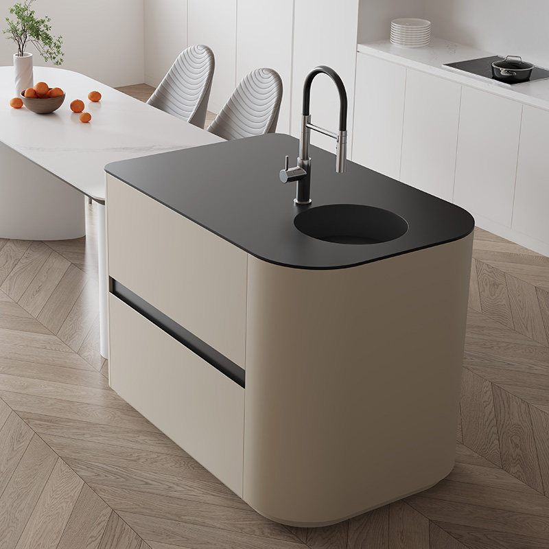 半圆弧岩板岛台餐桌一体现代简约开放式厨房中岛台带水槽吧台定制