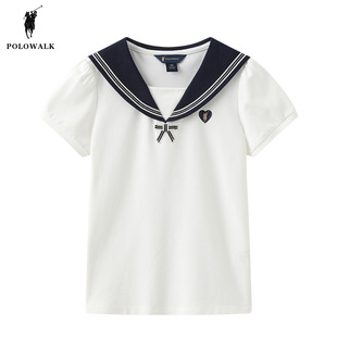 POLOWALK童装 女童夏装2024新款儿童t恤短袖小女孩洋气海军领上衣