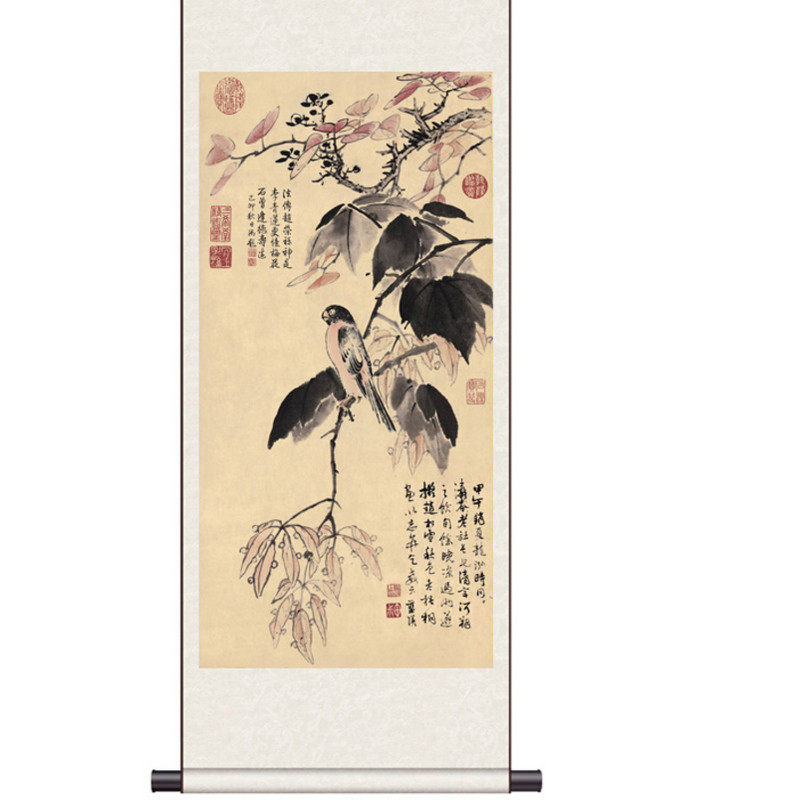 国画竹子翠鸟仿古卷轴茶楼装饰丝绸画挂画板桥国画