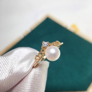 母亲节礼物 925银诸暨天然淡水珍珠戒指活口18K包金蕾丝皇冠指环