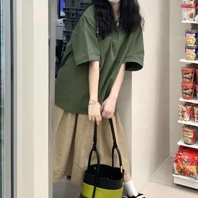 SQ夏季套装女学生韩版宽松文艺复古军绿色短袖+卡其色半身裙两件