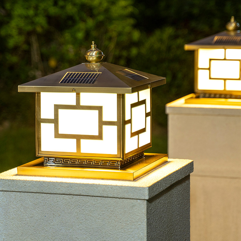 全铜灯身太阳能庭院灯纯铜柱头灯别墅大门口柱子灯户外围墙门柱灯