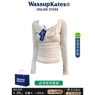 Wassup假两件正肩oversize纯棉t恤打底衫女夏季甜辣春秋碎花上衣